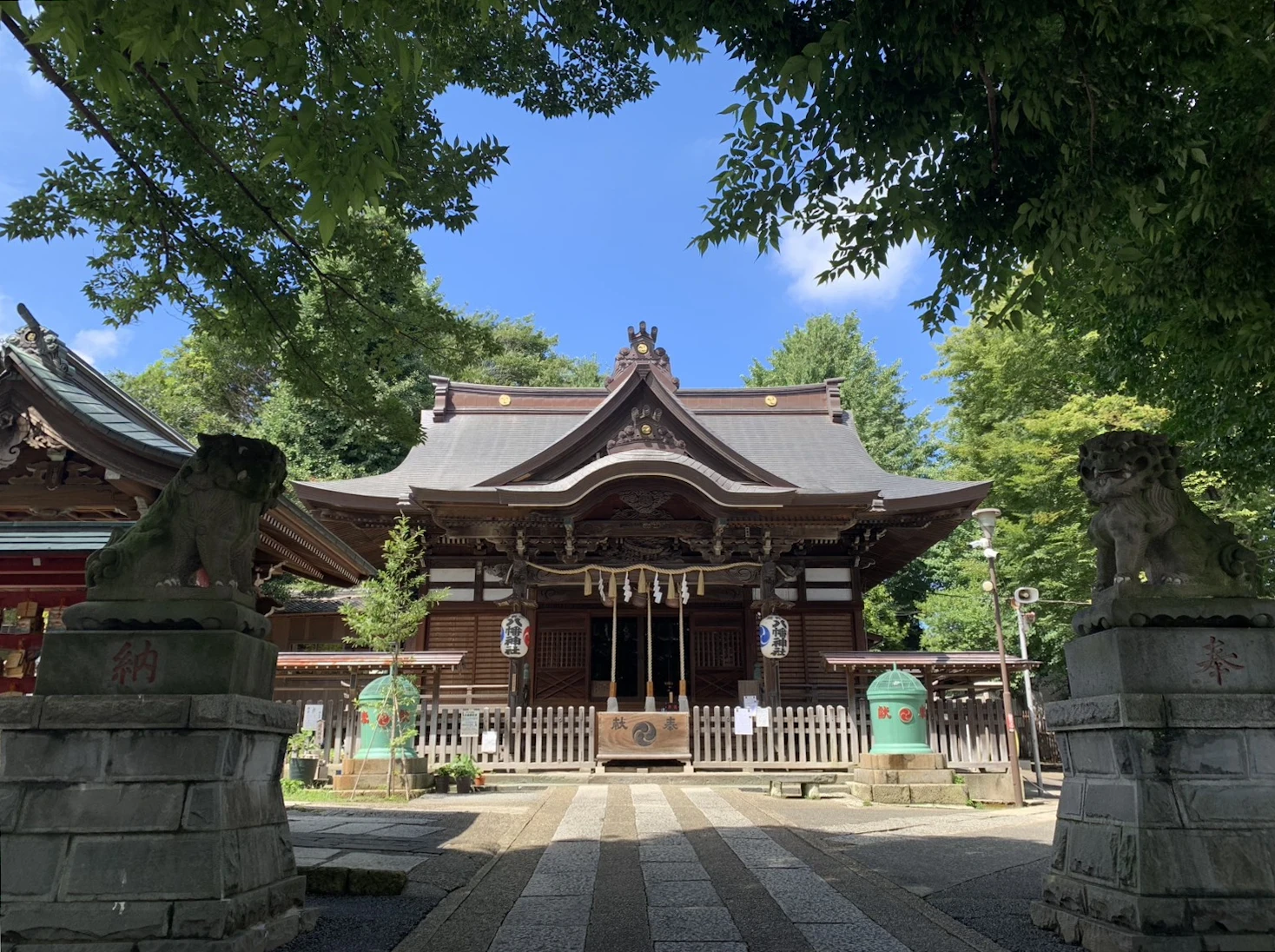 一対の狛犬の間から望む瀧野川八幡神社の社殿。青空と木立に囲まれた拝殿の正面。